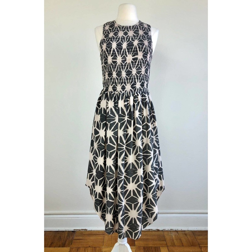 size 6 Ulla Johnson Silk Chiffon Geometric Print Tank Dress with Smocked Bodice